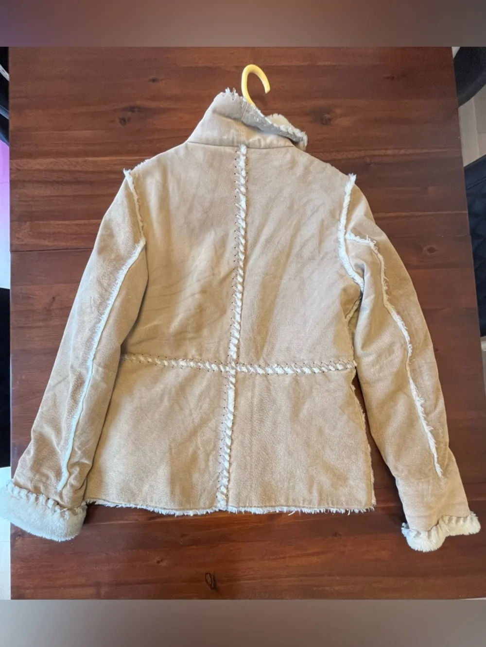 Vintage Y2K leather Sherpa Jacket Shearling Style Coat Aviator Beige Warm - Picture 16 of 16